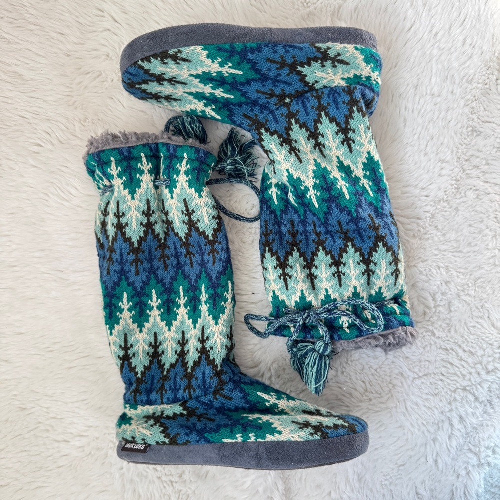 Muk Luks Gloria Boot Slippers - Teal, Aqua, Navy and Gray Knit